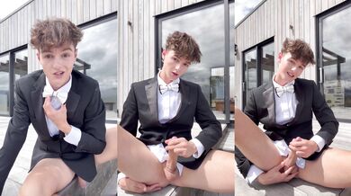 Svandylove in tux & savors his own cum in hot solo scene