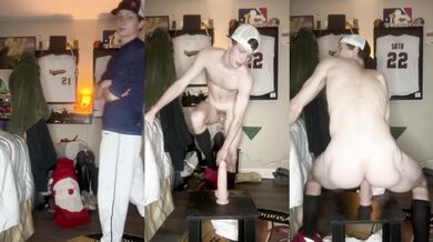 Watch Samboxer, the cute baseball player, moan in pleasure as he pounds himself with a massive dildo