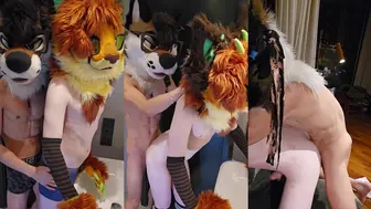 Daddy Wolf seduces a cute Wolfie in the bathroom and fucks her bareback