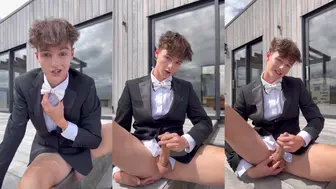 Svandylove in tux & savors his own cum in hot solo scene