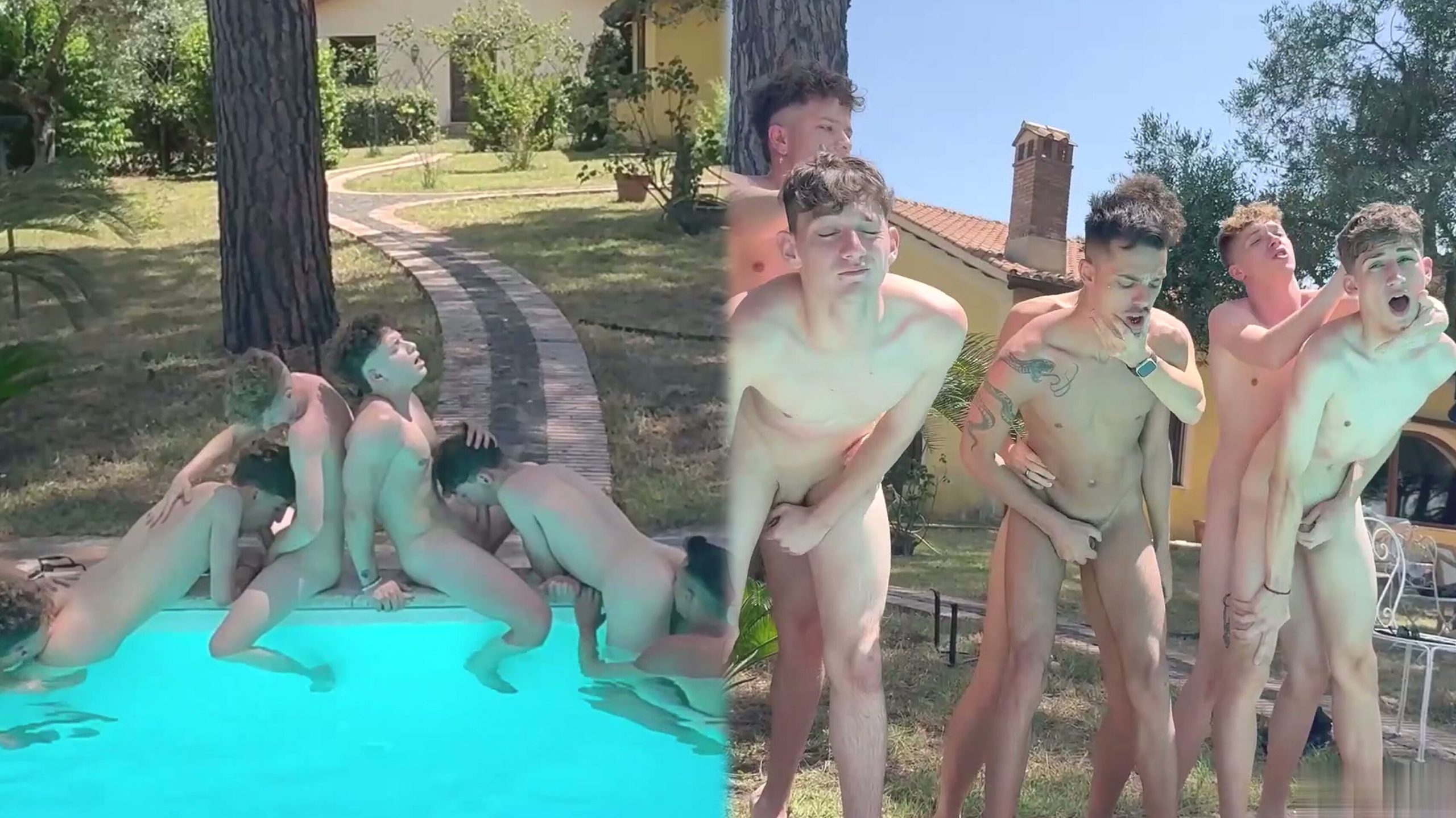 Matteotwink, TwinkHouseXX, and Giovitwink take turns on a big cock in Italian Pool Orgy
