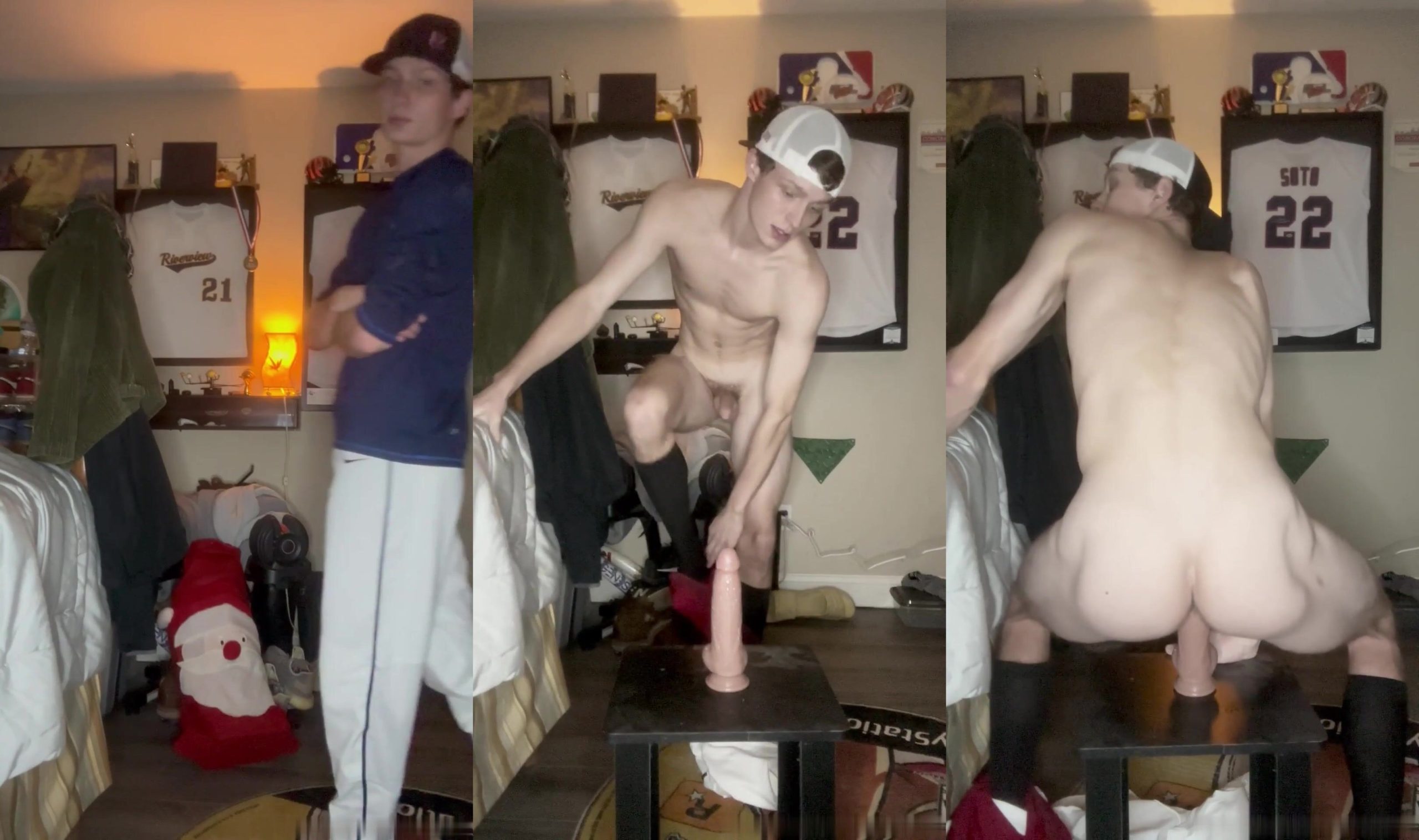 Watch Samboxer, the cute baseball player, moan in pleasure as he pounds himself with a massive dildo